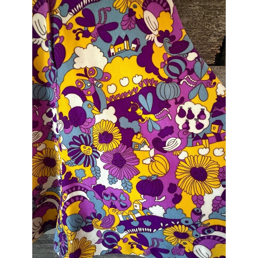 Vintage 60s 70s Handmade Psychedelic Novelty Print Mini Dress Puff Sleeve XS - Picture 2 of 8